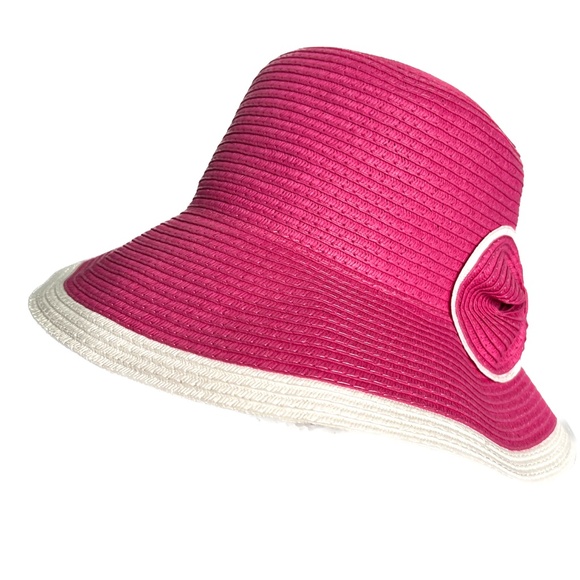 Magid Hats Pink & White Sun Hat With Large Bow One Size Wide Brim Bucket - Picture 2 of 7